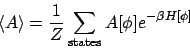 \begin{displaymath}
\langle A \rangle = \frac{1}{Z} \sum_{\rm states}
A[\phi] e^{-\beta H[\phi]}
\end{displaymath}